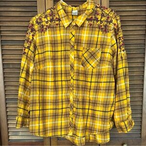 Yellow Plaid Button-Up Shirt with Embroidery
